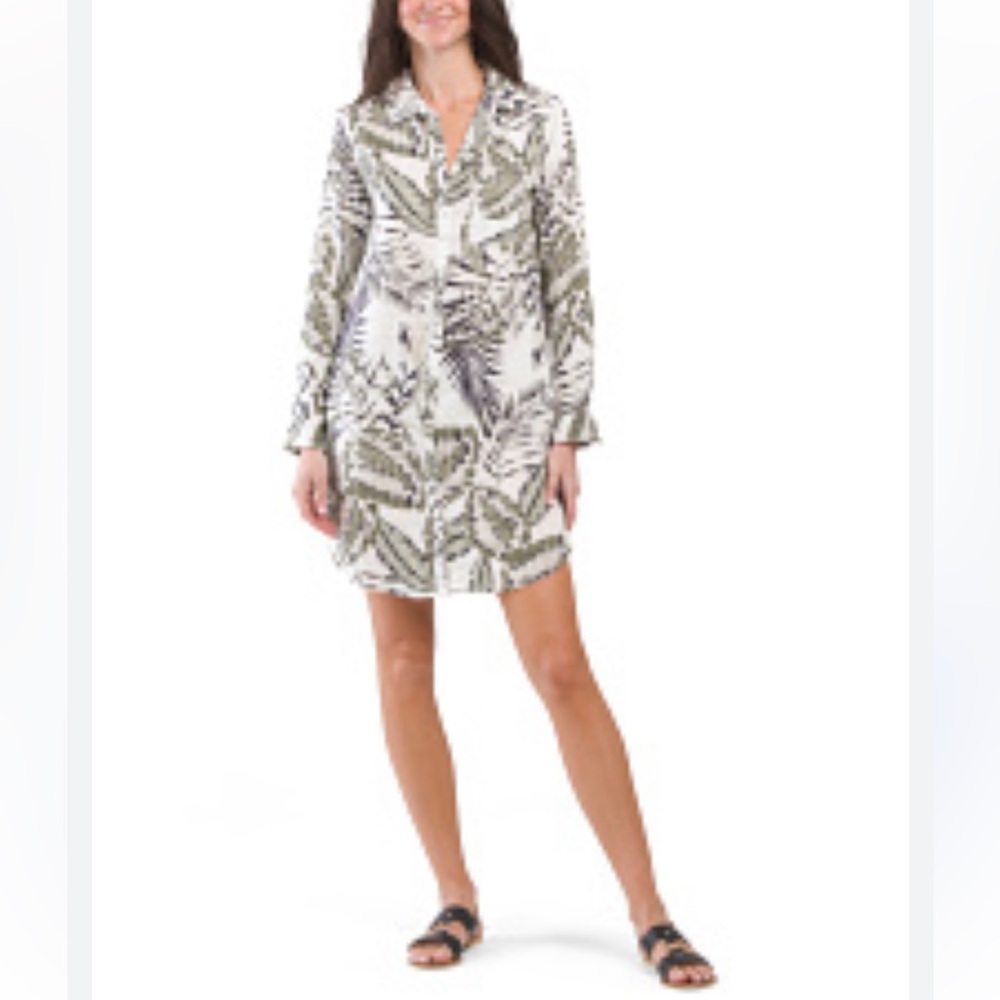 NWT C&C California Tropical Leaf Print Button-Up Linen Shirt Dress Size XS